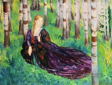 Impressionismus Werke - im Birkenwald Boris Mikhailovich Kustodiev schöne Frau Dame